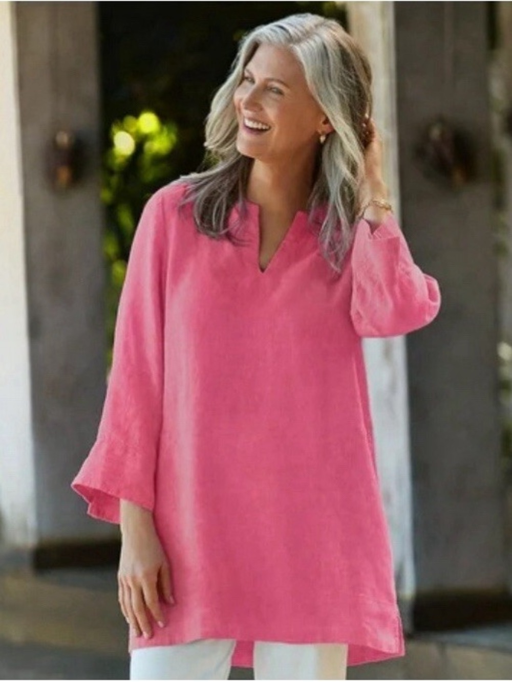 Lands' End Pink V-Neck Linen Tunic